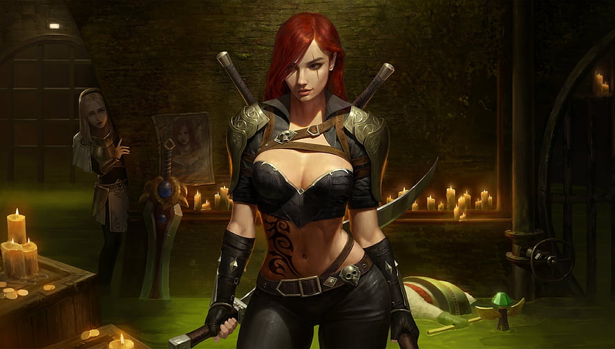 Katarina from League of Legends in a dark dungeon with crossed swords and candles HD wallpaper