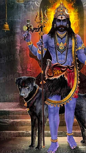 Kala Bhairav with Black Dog and Trishul in Fiery Temple Setting HD phone wallpaper