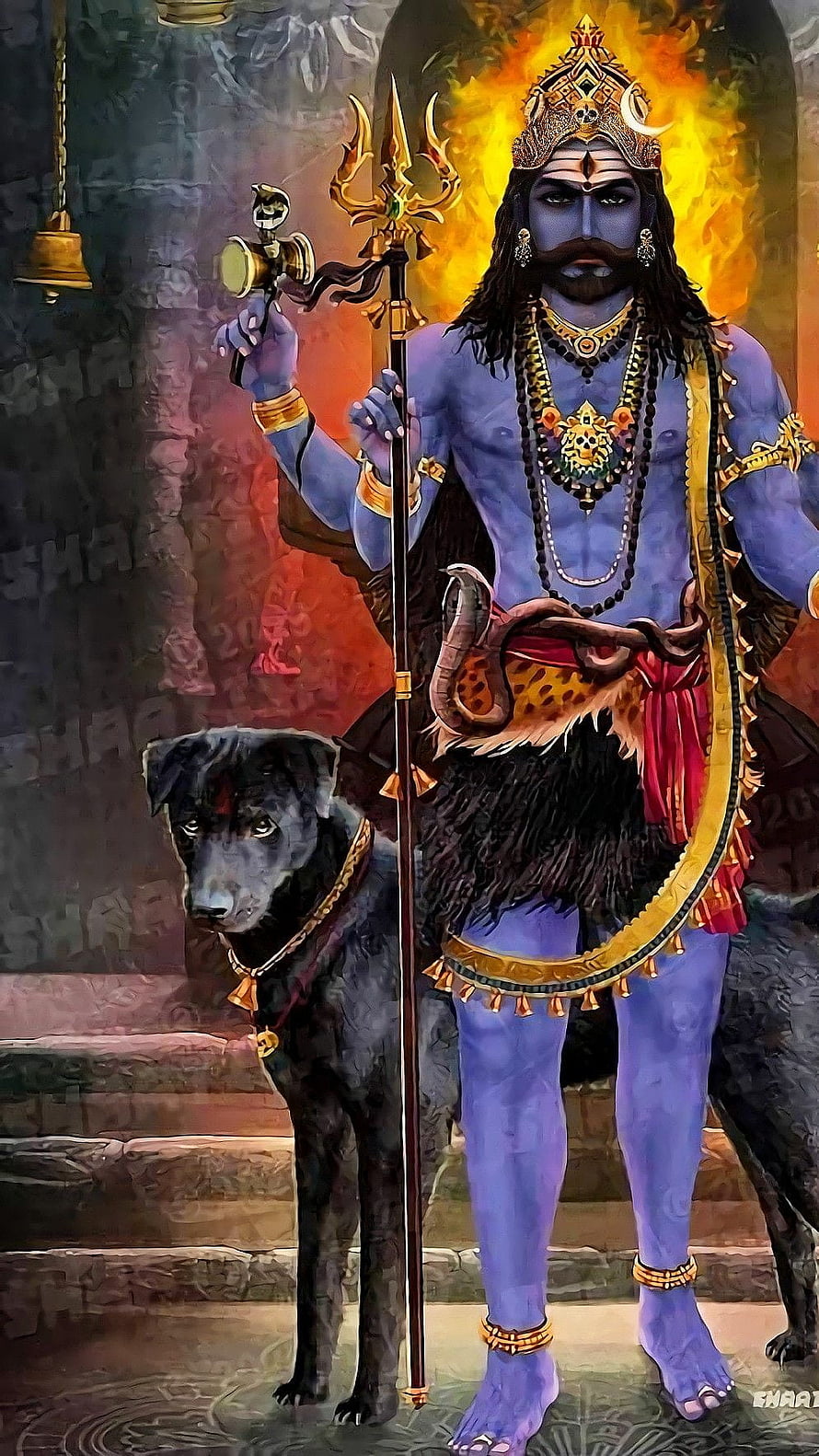 Kala Bhairav with Black Dog and Trishul in Fiery Temple Setting HD phone wallpaper