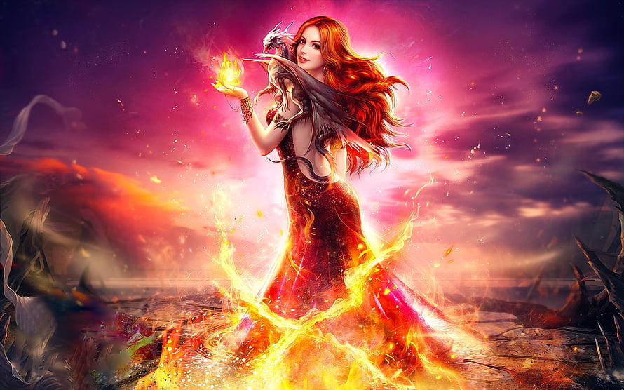 Fantasy Fire Dragon Woman with Flame Magic in Digital Art HD wallpaper