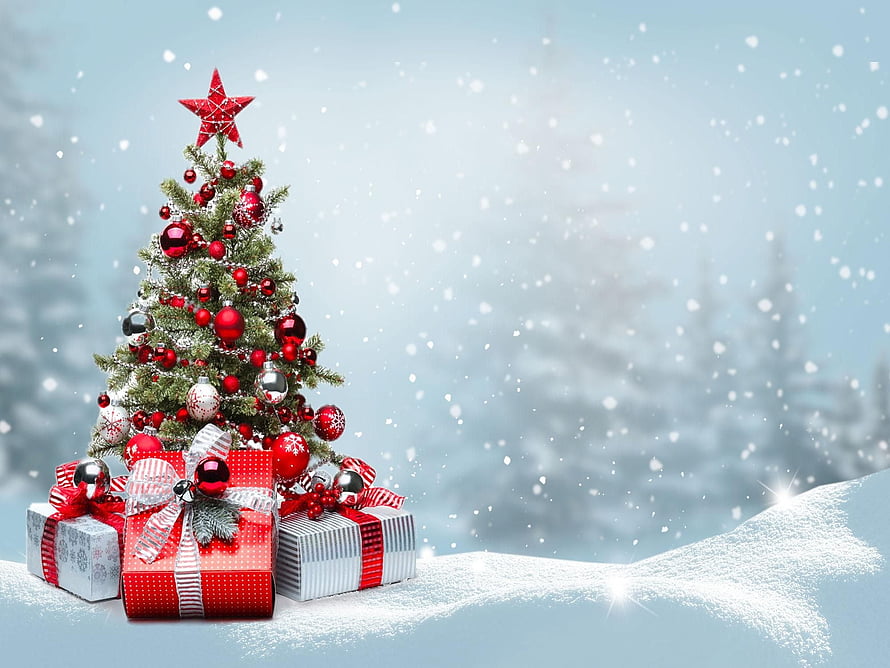 Festive Christmas Tree With Red Ornaments And Gift Boxes In Snowy Winter Landscape HD wallpaper