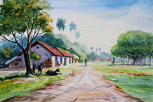 Watercolor Painting of a Serene Indian Village Scene with Palm Trees and Rural Homes HD wallpaper
