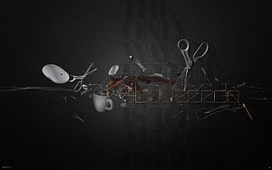 Dark Hair Salon Concept with Scissors, Comb, and Coffee Splash HD wallpaper