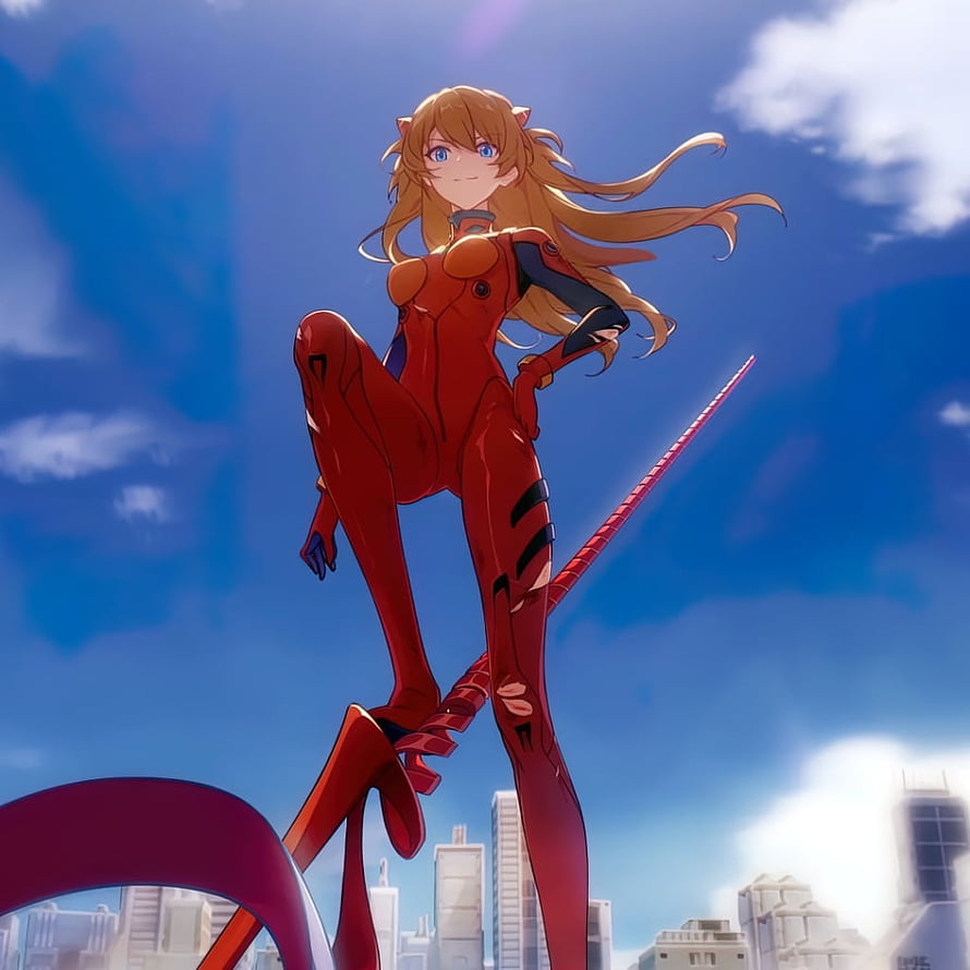 Asuka Langley in Red Plugsuit Standing on Evangelion Unit Against Blue Sky HD phone wallpaper