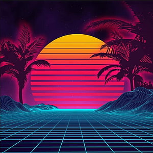 Neon 1980s Synthwave Sunset with Palm Trees and Cyber Grid Landscape HD phone wallpaper