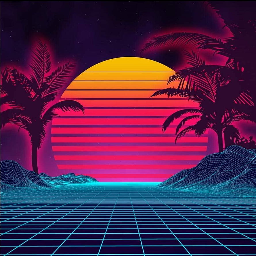 Neon 1980s Synthwave Sunset with Palm Trees and Cyber Grid Landscape HD phone wallpaper