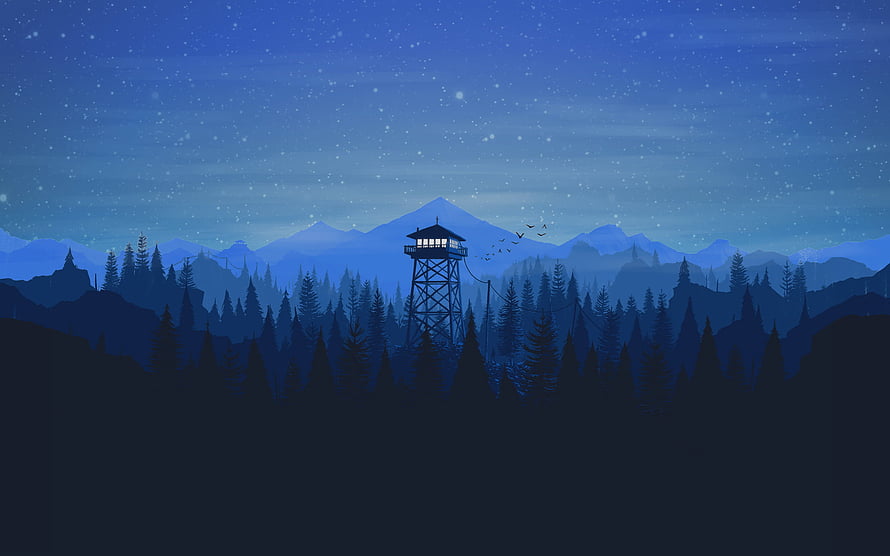 Firewatch Nighttime Forest Scene with Watchtower and Snowy Mountain Range HD wallpaper