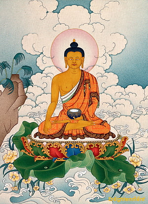 Shakyamuni Buddha Thangka Painting on Lotus Throne with Clouds and Halo HD phone wallpaper