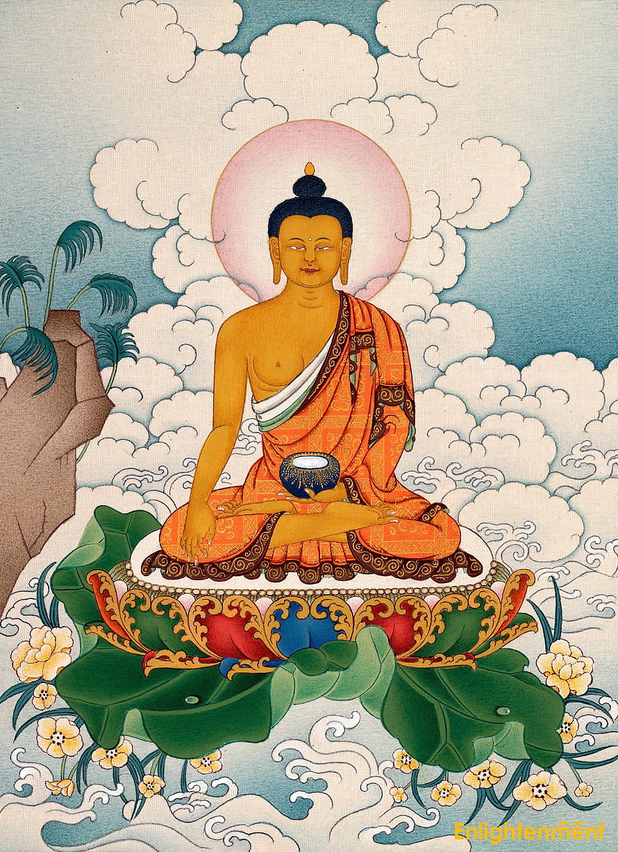 Shakyamuni Buddha Thangka Painting on Lotus Throne with Clouds and Halo HD phone wallpaper