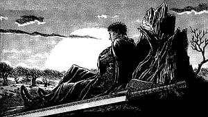 Guts from Berserk Sitting Beside His Great Sword in a Desolate Landscape HD wallpaper