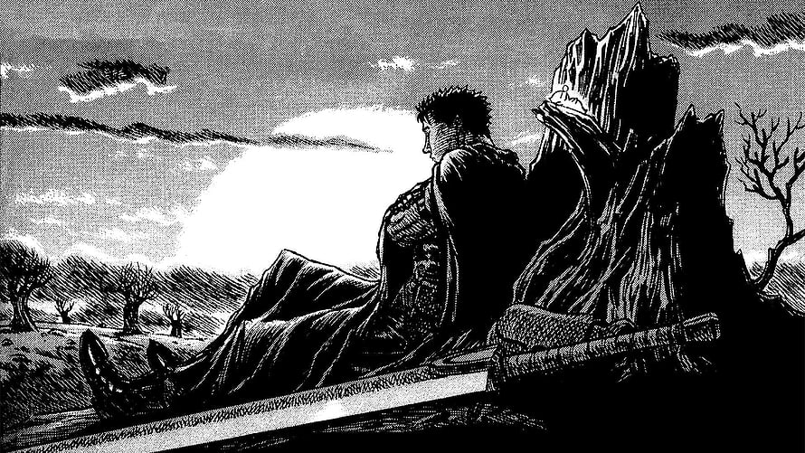 Guts from Berserk Sitting Beside His Great Sword in a Desolate Landscape HD wallpaper