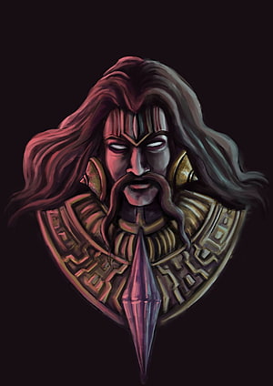 Ravana Demon King Portrait with Ornate Armor and Glowing Eyes HD phone wallpaper