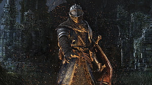 Dark Souls Remastered Knight in Full Plate Armor Standing Before Ancient Ruins HD wallpaper