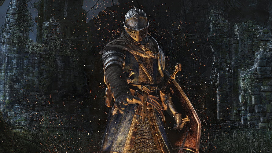 Dark Souls Remastered Knight in Full Plate Armor Standing Before Ancient Ruins HD wallpaper