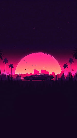 Vaporwave Sunset with Retro Sports Car, Palm Trees, and Neon City Skyline HD phone wallpaper
