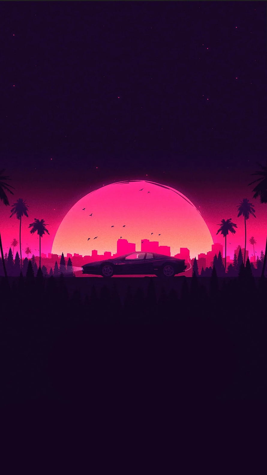 Vaporwave Sunset with Retro Sports Car, Palm Trees, and Neon City Skyline HD phone wallpaper