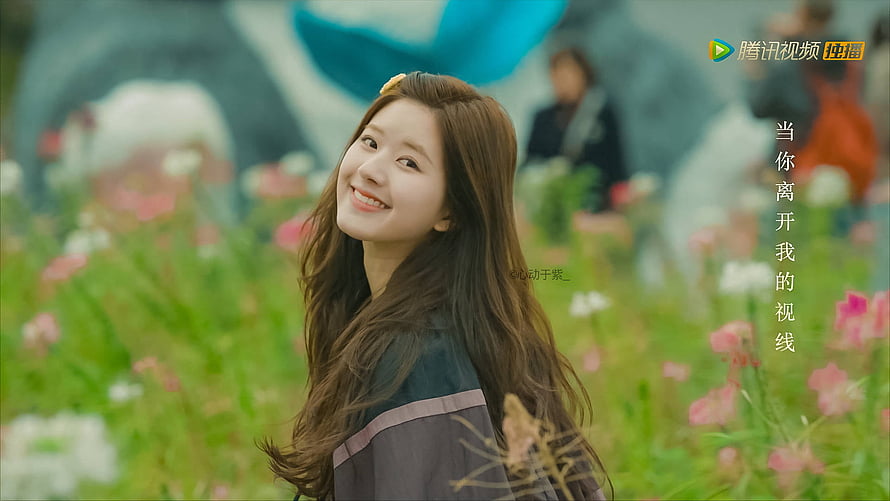 Zhao Lusi smiling in a vibrant flower field with soft natural lighting HD wallpaper