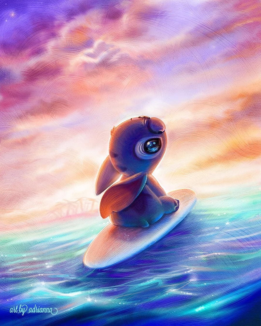 Stitch Riding a Surfboard on a Dreamy Ocean at Sunset HD phone wallpaper