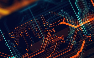 Neon Circuit Board Technology Abstract Background with Orange and Cyan Traces HD wallpaper