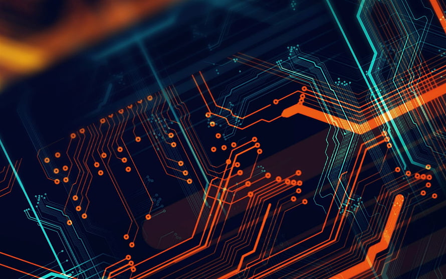 Neon Circuit Board Technology Abstract Background with Orange and Cyan Traces HD wallpaper