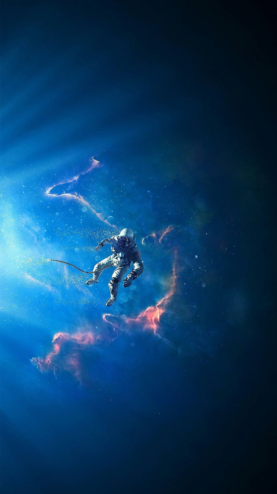 Astronaut Drifting Through a Vibrant Blue and Pink Cosmic Nebula in Deep Space HD phone wallpaper