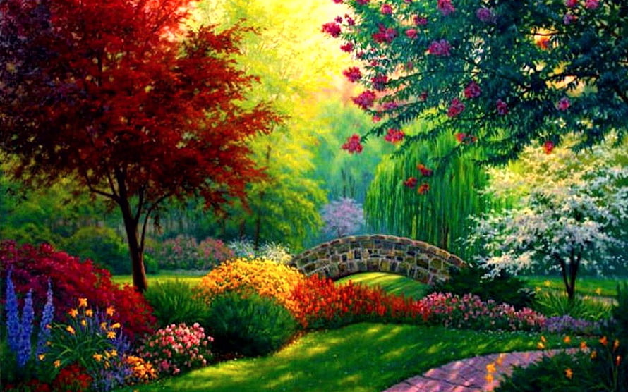 Vibrant Garden Scene With Stone Arch Bridge And Colorful Flower Beds HD wallpaper