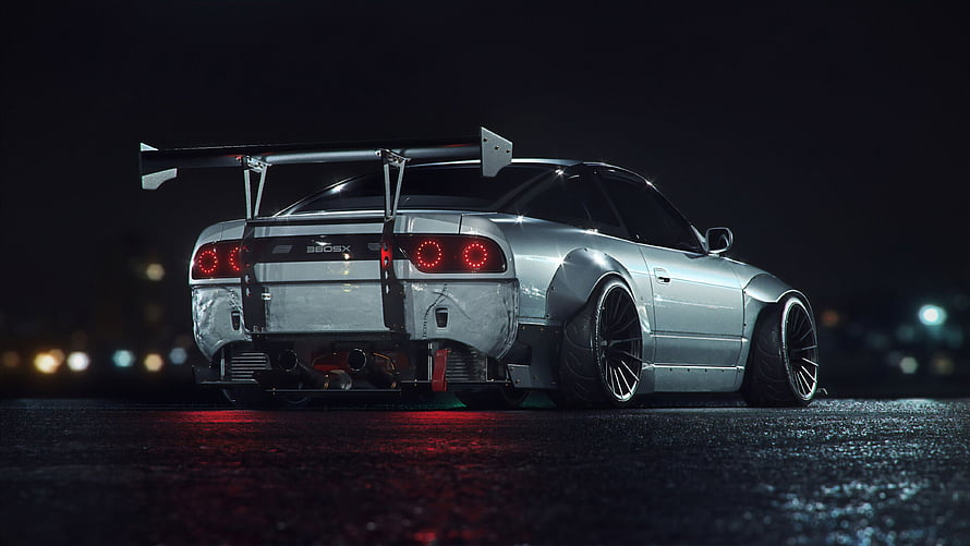 Silver Nissan Skyline GT-R R34 Widebody with Large Rear Wing at Night HD wallpaper
