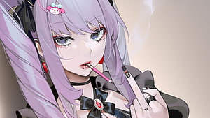 Anime Girl With Purple Hair Smoking A Pink Cigarette In Dark Gothic Outfit HD wallpaper