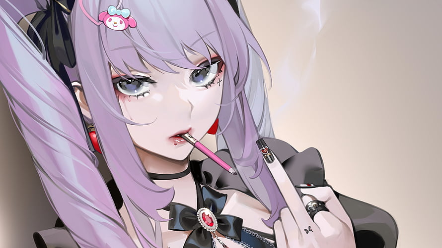 Anime Girl With Purple Hair Smoking A Pink Cigarette In Dark Gothic Outfit HD wallpaper