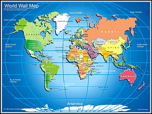 Colorful Political World Map with Country Borders and Ocean Labels HD wallpaper