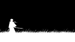 Minimalist Black and White Anime Samurai Standing in Grass with Katana HD wallpaper
