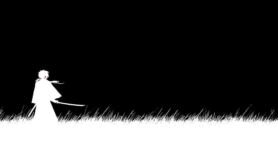 Minimalist Black and White Anime Samurai Standing in Grass with Katana HD wallpaper