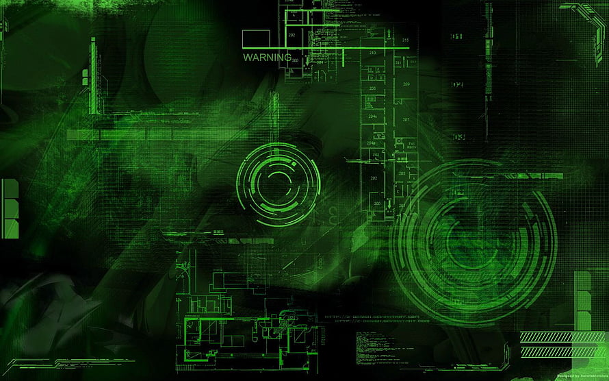 Green Digital HUD Interface with Blueprint Schematics and Warning Display HD wallpaper