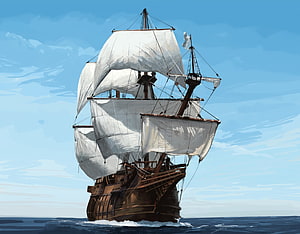 Digital Painting of a Tall Ship with Full Sails on the Open Ocean HD wallpaper