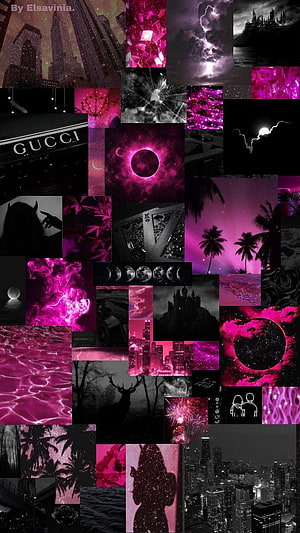Pink and Black Aesthetic Collage Featuring Solar Eclipses, Cityscapes, and Dark Fantasy Elements HD phone wallpaper