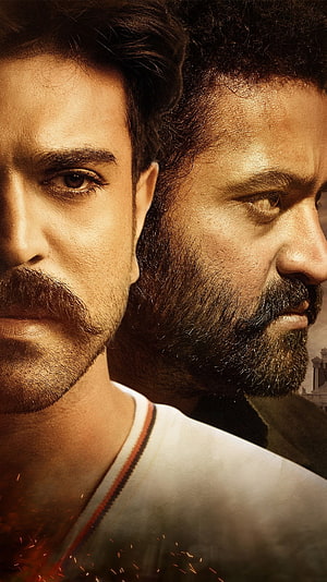 RRR Movie Poster Featuring Ram Charan and Jr NTR in Dramatic Close-Up HD phone wallpaper