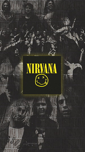 Nirvana Smiley Face Logo with Grunge Band Photo Collage Background HD phone wallpaper