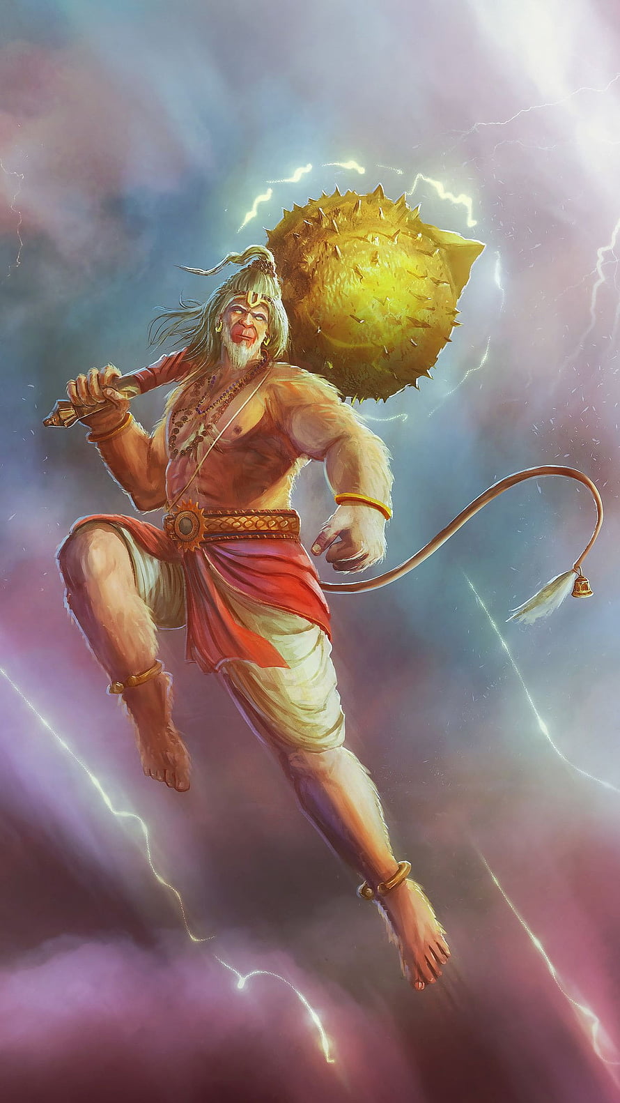 Hanuman Wielding Golden Mace Amidst Lightning Storm in Mythological Digital Art, Hanuman, Shree Hanuman, Pawan Putra, Bajrangbali HD phone wallpaper