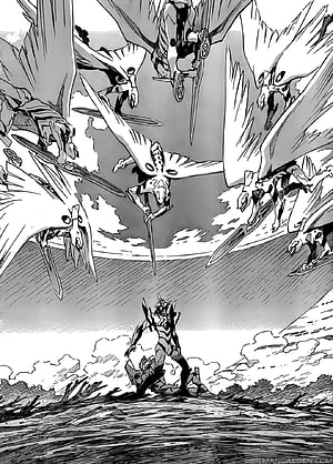 Evangelion Manga Panel: Lone Warrior Confronts Winged Angelic Figures in Black and White HD phone wallpaper