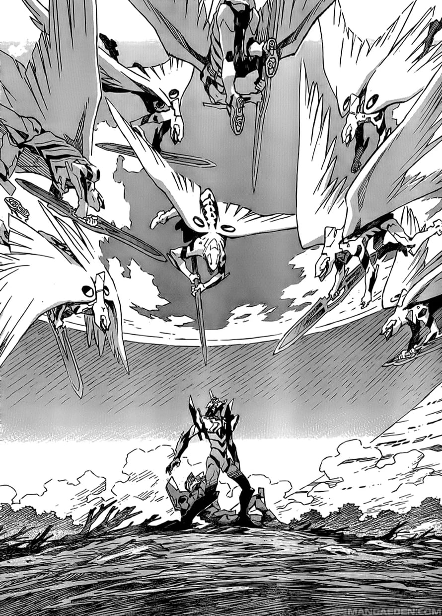Evangelion Manga Panel: Lone Warrior Confronts Winged Angelic Figures in Black and White HD phone wallpaper
