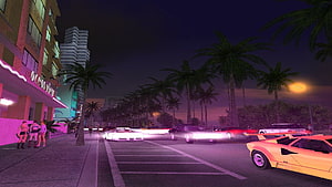 Vice City Night Street Scene with Neon Lights, Palm Trees, and Classic Cars HD wallpaper