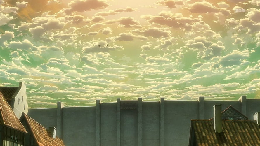 Attack on Titan Wall Maria Scenery with Golden Cloudy Sky and Medieval Town Roofs HD wallpaper