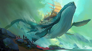 Fantasy Whale City Concept Art With Ancient Ship And Misty Coastline HD wallpaper