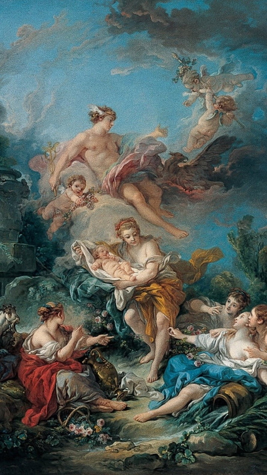 Baroque Oil Painting of Mythological Figures and Putti in a Cloudy Landscape HD phone wallpaper