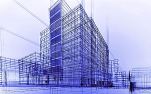 Blue Blueprint Wireframe of Modern High-Rise Building Construction HD wallpaper