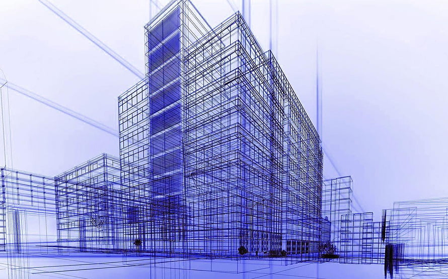 Blue Blueprint Wireframe of Modern High-Rise Building Construction HD wallpaper