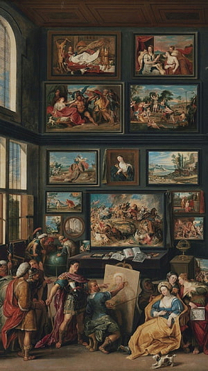 Renaissance Art Gallery Interior with Classical Paintings and Figures HD phone wallpaper