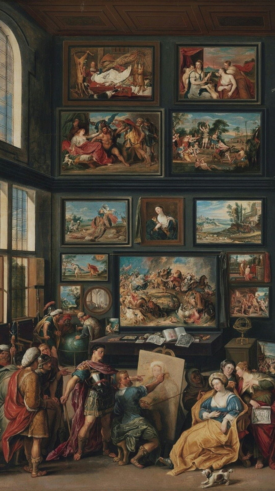 Renaissance Art Gallery Interior with Classical Paintings and Figures HD phone wallpaper