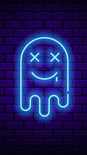 Blue Neon Ghost Sign with X Eyes on Dark Purple Brick Wall HD phone wallpaper