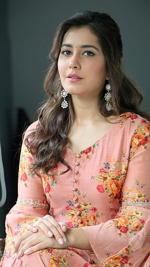 Raashi Khanna in a Pink Floral Kurti with Traditional Earrings HD phone wallpaper